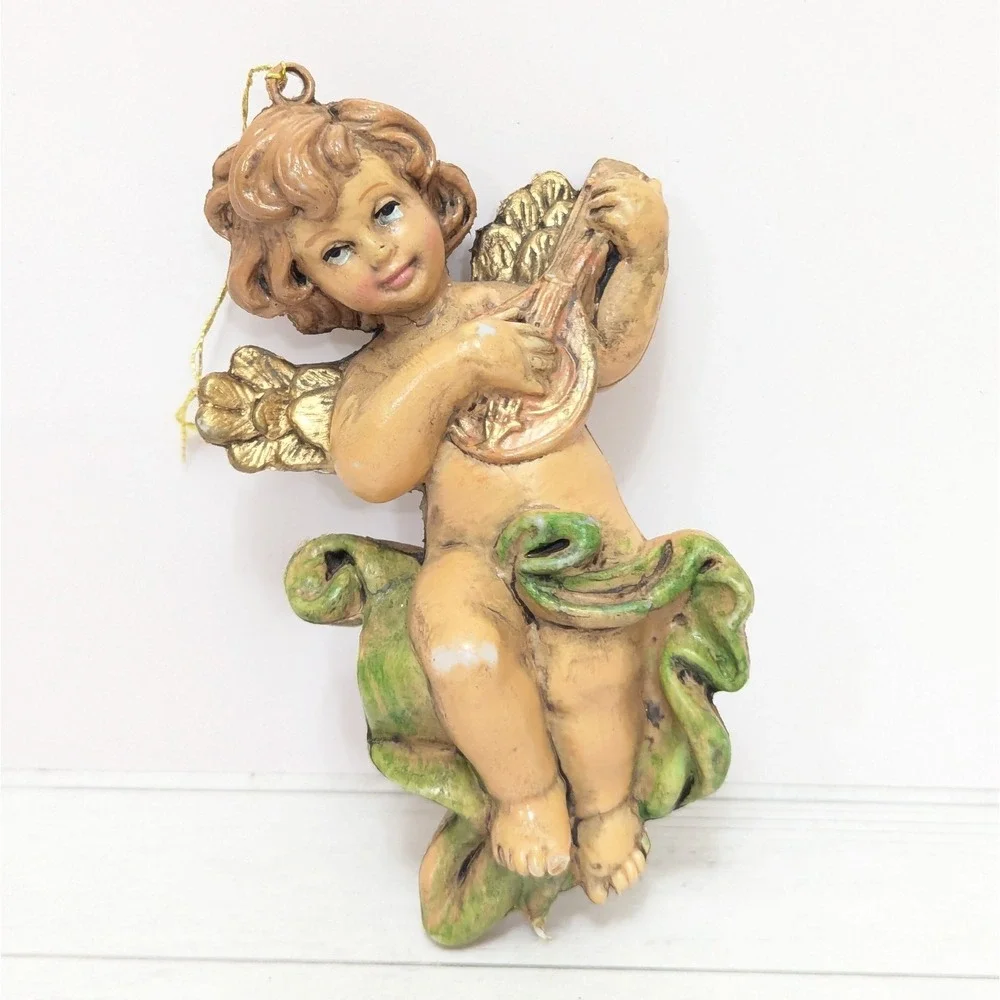 Vintage Baroque Angel Cherub w/Mandolin Blowmold Figure Christmas Ornament